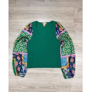 Bailey 44 Green Ribbed Knit Top Multi Pattern Balloon Sleeve V-Neck Small